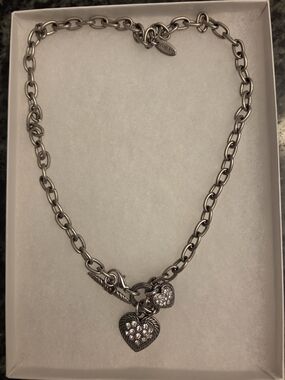 Sterling Silver Heart Charm Chain Necklace with CZ Accents